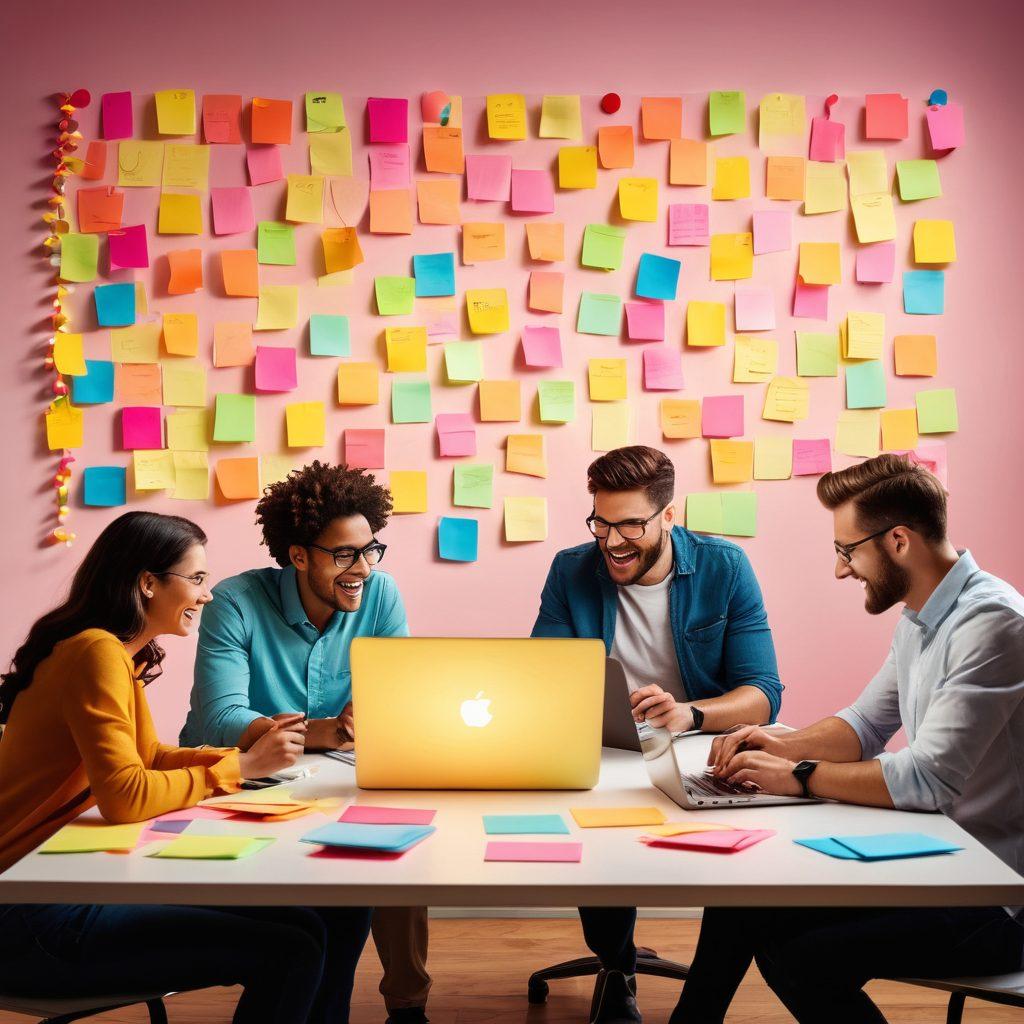 A cheerful, engaging workspace featuring a diverse group of people brainstorming over colorful sticky notes and laptops, symbolizing joyful email interactions. Incorporate a large email icon surrounded by glowing lightbulbs, suggesting innovative strategies. The background should have motivational quotes and vibrant decorations that inspire creativity and connection. Use a bright and uplifting color palette. super-realistic. vibrant colors. clean background.