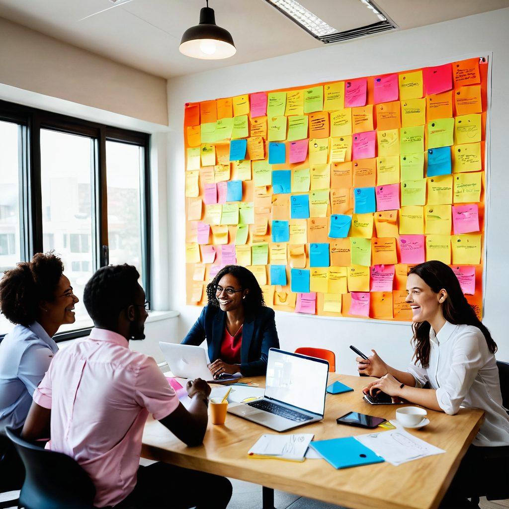 A cheerful office scene where a diverse group of people are engaged in a lively brainstorming session, surrounded by colorful sticky notes and laptops, with bright natural light streaming in. Incorporate elements like smiley faces on emails and heart icons representing customer engagement, while radiating a sense of joy and positivity. Illustrate a whiteboard filled with creative strategies. vibrant colors. modern flat design.