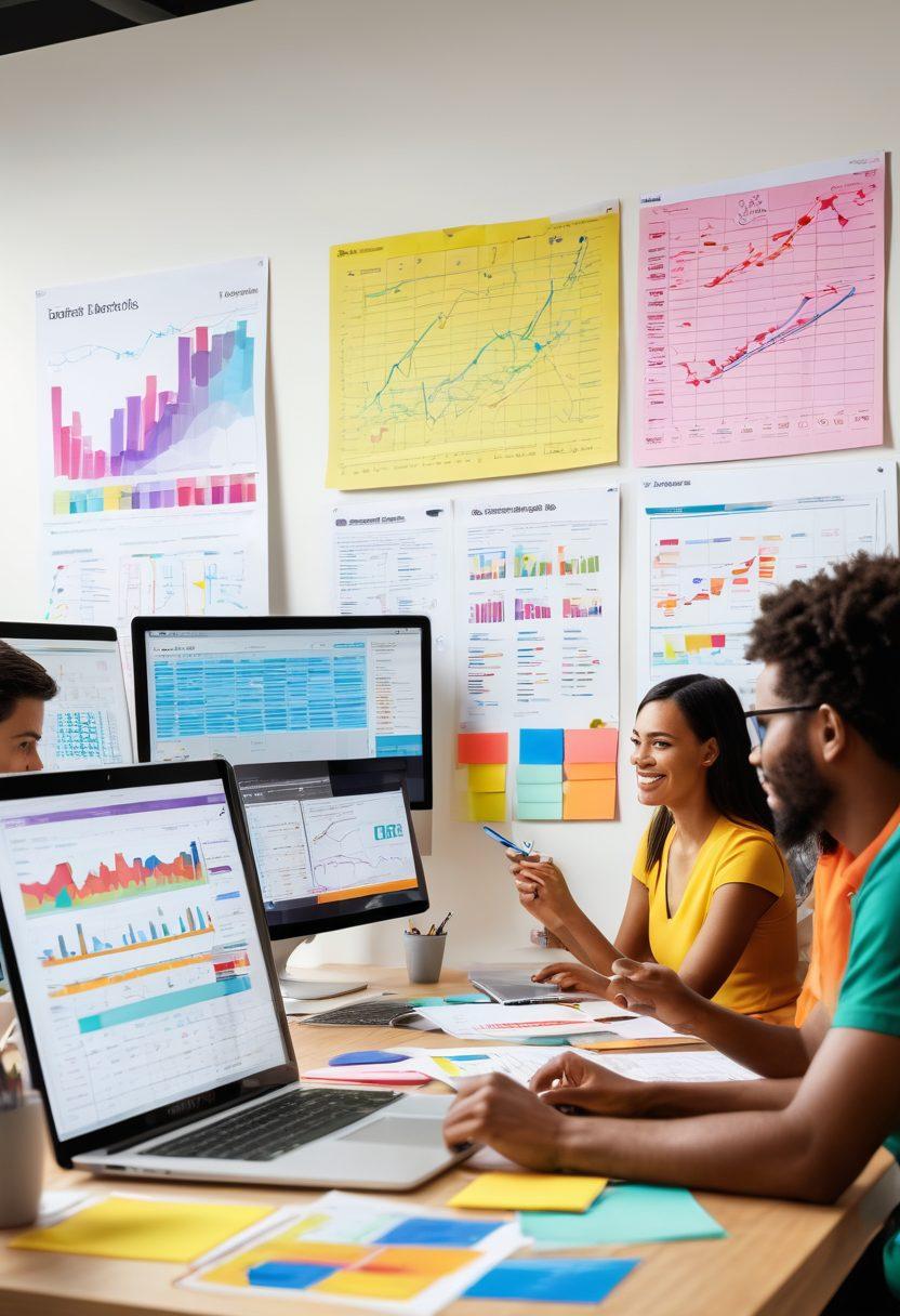 A vibrant office setting showcasing a diverse team brainstorming over colorful charts and digital screens, illustrating cost-effective email strategies that captivate customers. Sticky notes with creative ideas and graphs depicting engagement metrics surround the group, embodying teamwork and innovation. Bright, engaging colors to convey enthusiasm and creativity. super-realistic. vibrant colors.